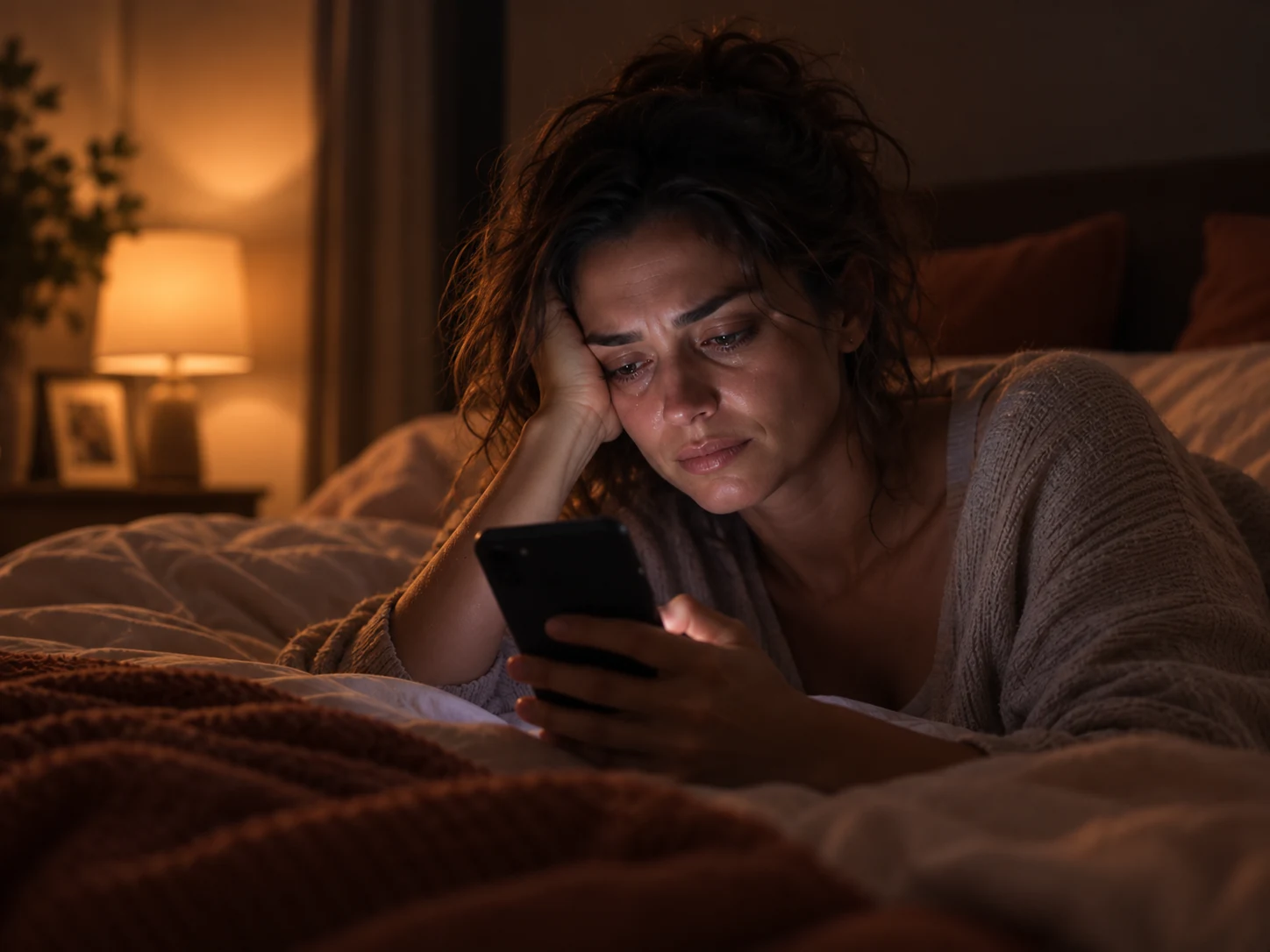 Mulher abatida em um quarto escuro, olhando o celular na cama